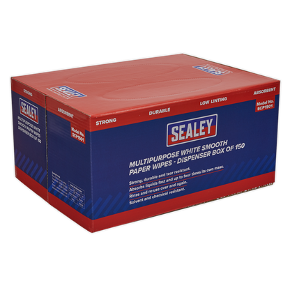 Sealey SCP1501 Multipurpose Paper Wipes in Dispenser Box - Smooth White 73gsm 150 Sheets