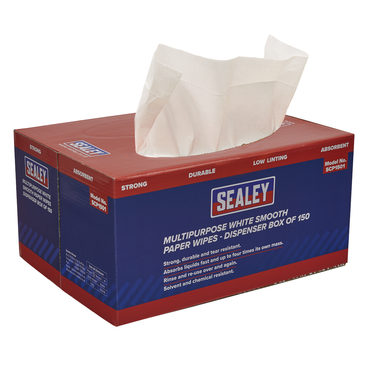 Sealey SCP1501 Multipurpose Paper Wipes in Dispenser Box - Smooth White 73gsm 150 Sheets