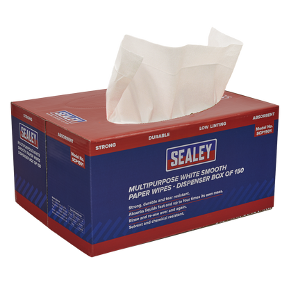 Sealey SCP1501 Multipurpose Paper Wipes in Dispenser Box - Smooth White 73gsm 150 Sheets