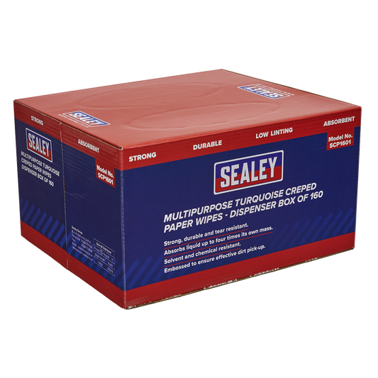 Sealey SCP1601 Multipurpose Paper Wipes in Dispenser Box - Creped Turquoise 69gsm 160 Sheets