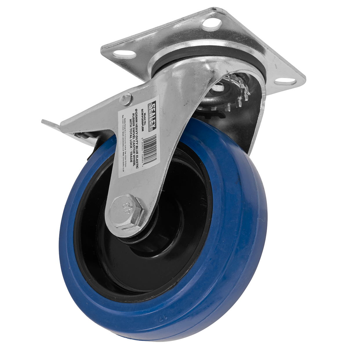 Sealey SCW3125SPLEM Heavy-Duty Blue Elastic Rubber Swivel Castor Wheel with Total Lock Ø125mm - Trade