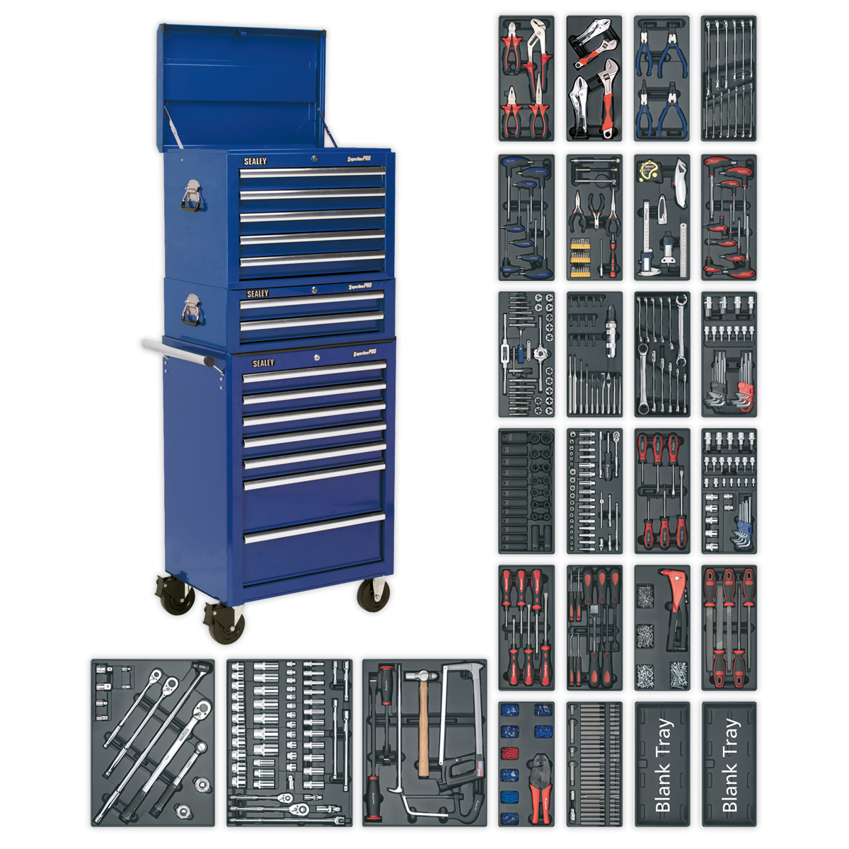 Sealey SPTCCOMBO1 Tool Chest Combination 14 Drawer with Ball-Bearing Slides - Blue & 1179pc Tool Kit