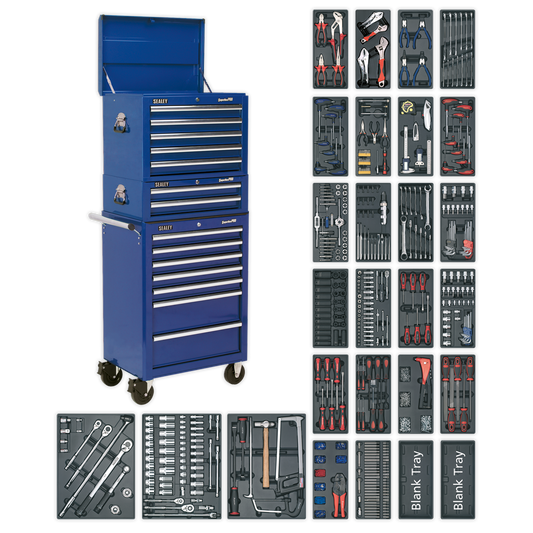 Sealey SPTCCOMBO1 Tool Chest Combination 14 Drawer with Ball-Bearing Slides - Blue & 1179pc Tool Kit