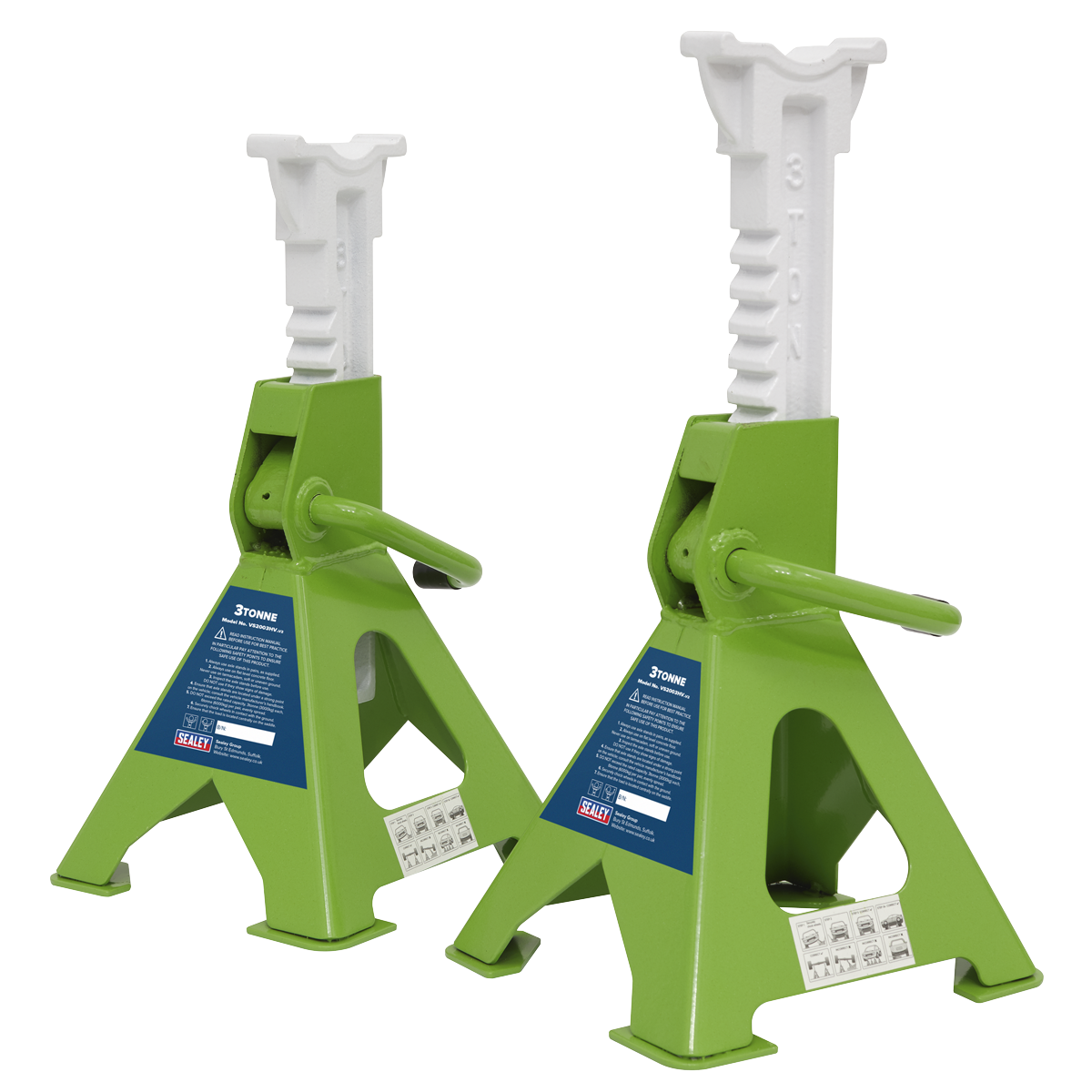 Sealey VS2003HV Ratchet Type Axle Stands (Pair) 3 Tonne Capacity per Stand - Hi-Vis Green