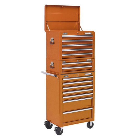 Sealey APSTACKTO Topchest Mid-Box Tool Chest & Rollcab Combination 14 Drawer with Ball-Bearing Slides - Orange