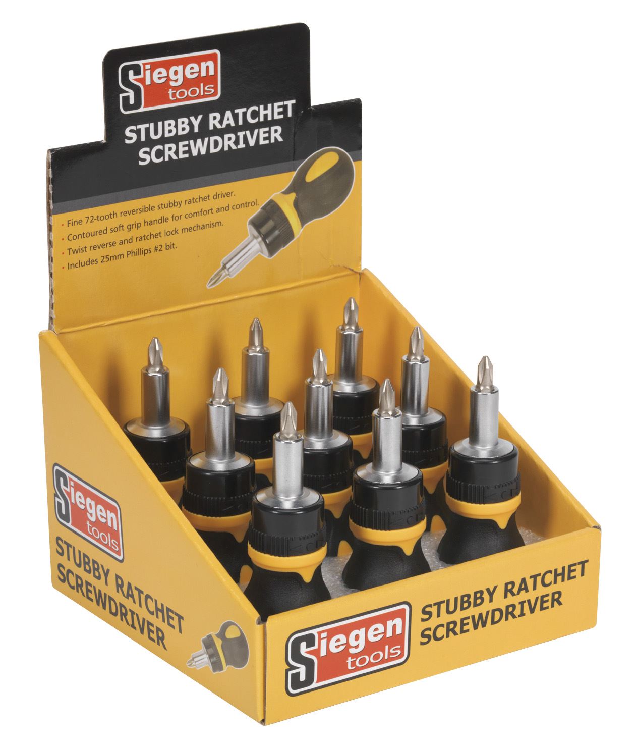 Siegen S0936 Screwdriver Ratchet Stubby Display Box of 9