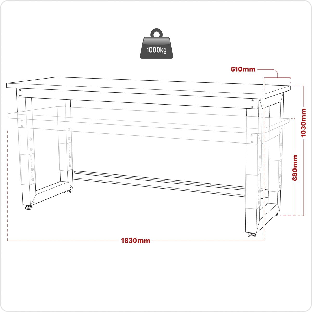 Sealey APMS22 Steel Adjustable Workbench with Wooden Worktop 1830mm - Heavy-Duty