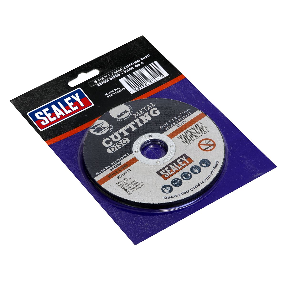 Sealey PTC/115CET5 Cutting Disc Ø115 x 1.2mm Ø22mm Bore Pack of 5