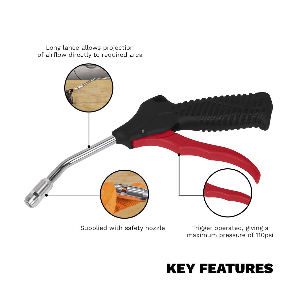 Sealey SA9131 Air Blow Gun 100mm with 1/4"BSP Air Inlet & Safety Nozzle