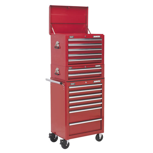 Sealey APSTACKTR Topchest Mid-Box Tool Chest & Rollcab Combination 14 Drawer with Ball-Bearing Slides - Red