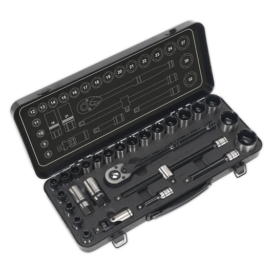 Sealey AK7972 Socket Set 28pc 1/2"Sq Drive 6pt WallDrive® Metric Premier Black