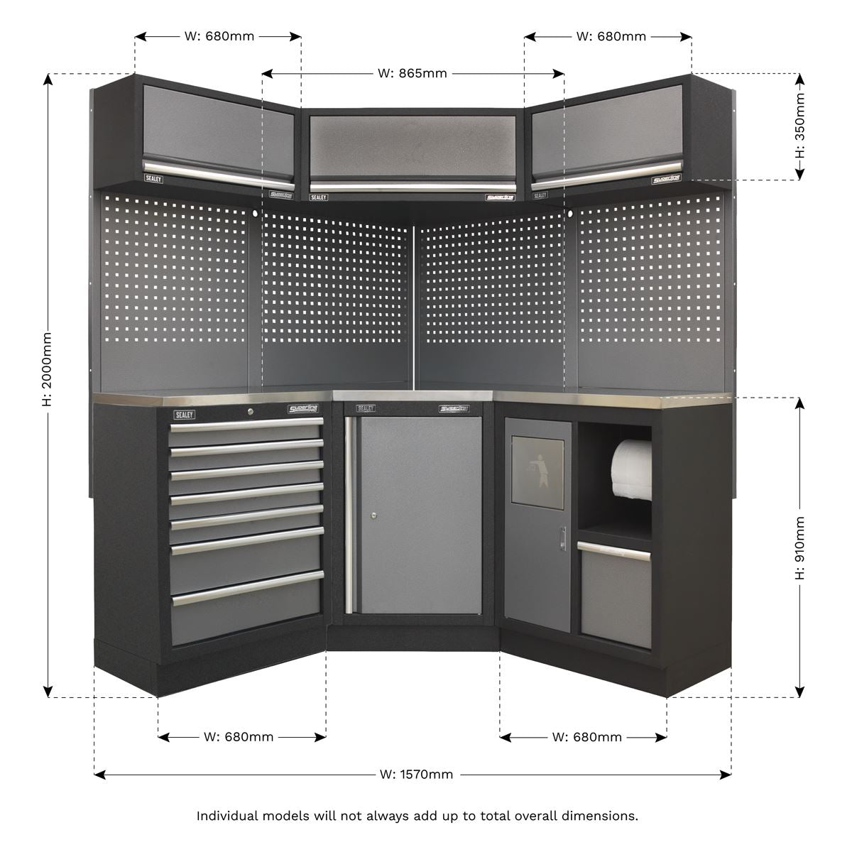 Sealey APMSSTACK08SS Superline PRO® 1.6m Corner Storage System - Stainless Worktop