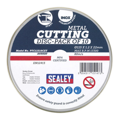 Sealey PTC11510CET Cutting Disc Ø115 x 1.2mm Ø22mm Bore Pack of 10