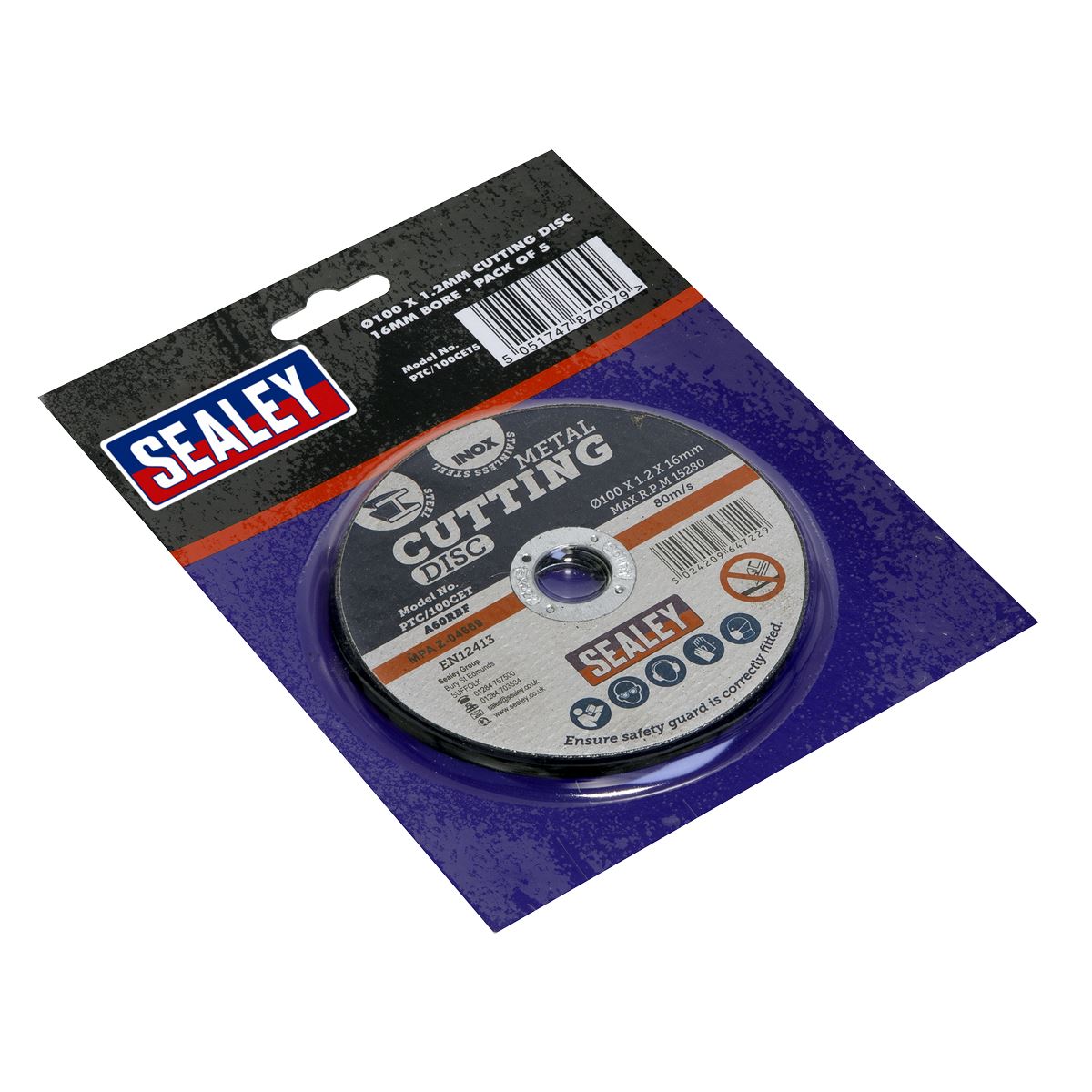 Sealey PTC/100CET5 Cutting Disc Ø100 x 1.2mm Ø16mm Bore Pack of 5