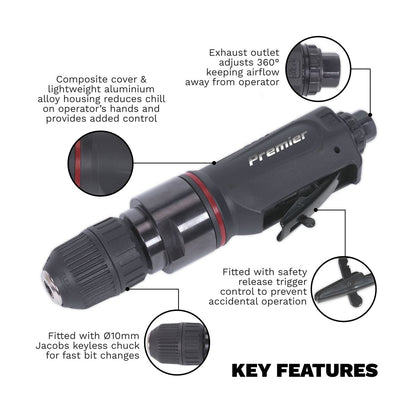 Sealey SA622 Air Drill Straight with Ø10mm Keyless Chuck Premier