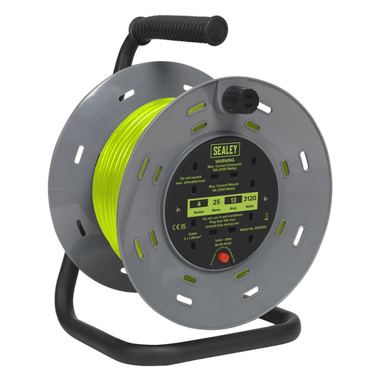 Sealey BCR25G Cable Reel with Thermal Trip 4 x 230V Sockets 25m - Green