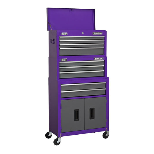 Sealey AP2200BBCPSTACK Topchest Mid-Box Tool Chest & Rollcab 9 Drawer Stack - Purple