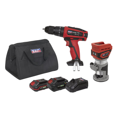 Sealey CP20VCOMBO12 2 x 20V SV20 Series Cordless Router & Combi Drill Kit - 2 Batteries