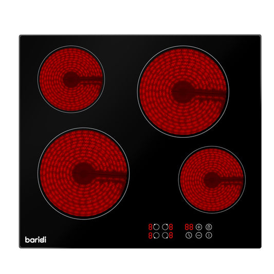 Baridi DH131 60cm Built - In Ceramic Hob 4 Cooking Zones Black Glass 6000W with Touch Controls Timer - McCormickTools