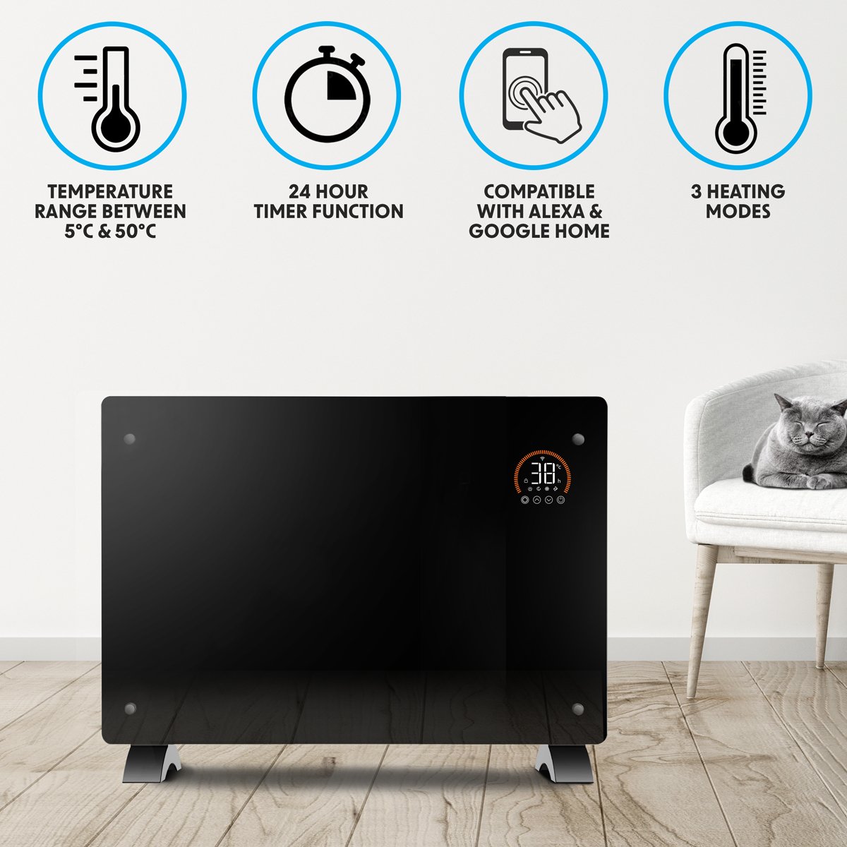 Baridi DH139 Electric Glass Panel Heater 2000W Thermostat Controlled Radiator with 24Hr 7 Day Timer Wi - Fi Enabled Remote Control Black - McCormickTools