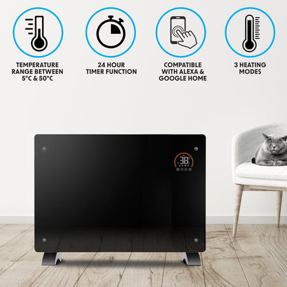 Baridi DH139 Electric Glass Panel Heater 2000W Thermostat Controlled Radiator with 24Hr 7 Day Timer Wi - Fi Enabled Remote Control Black - McCormickTools