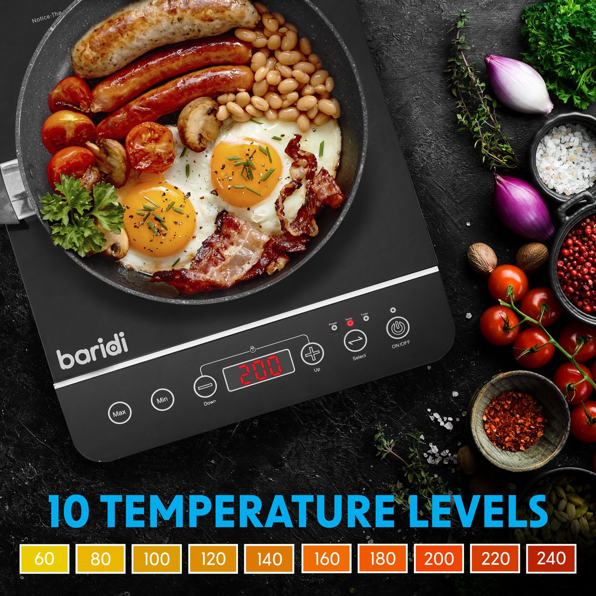 Baridi DH145 Induction Hob: Single Zone with 13A Plug 10 Power Settings 200W - 2000W Touch Controls 3 - Hour Timer Function Child Lock Black - McCormickTools