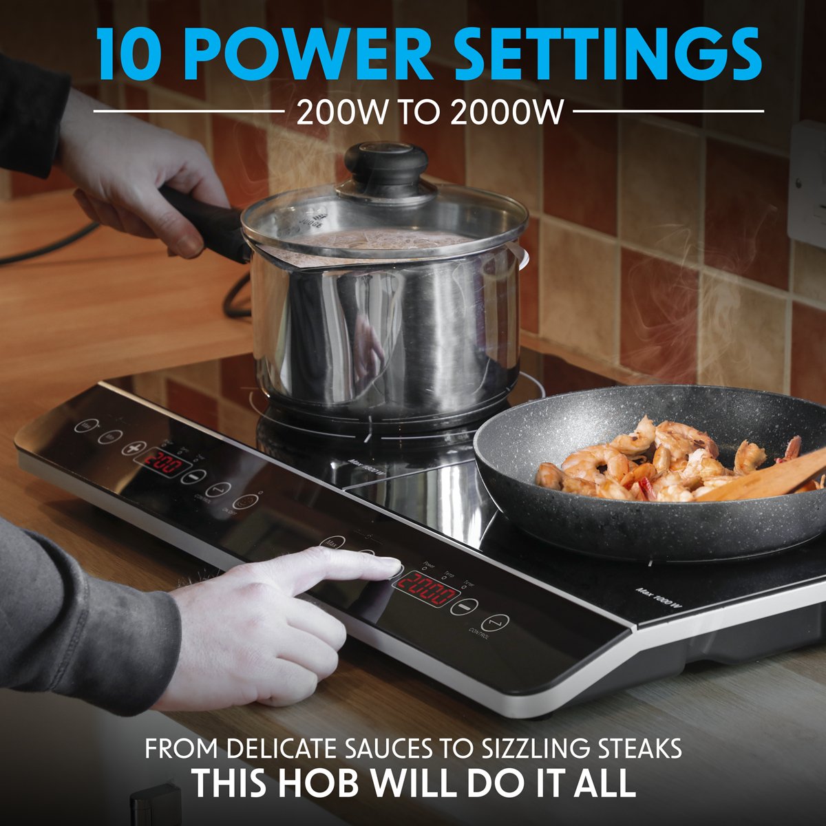 Baridi DH146 Portable Induction Hob: Two Zone Cooktop with 13A Plug 2800W 10 Power Settings Touch Controls 3 - Hour Timer Function Child Safety Lock Black - McCormickTools