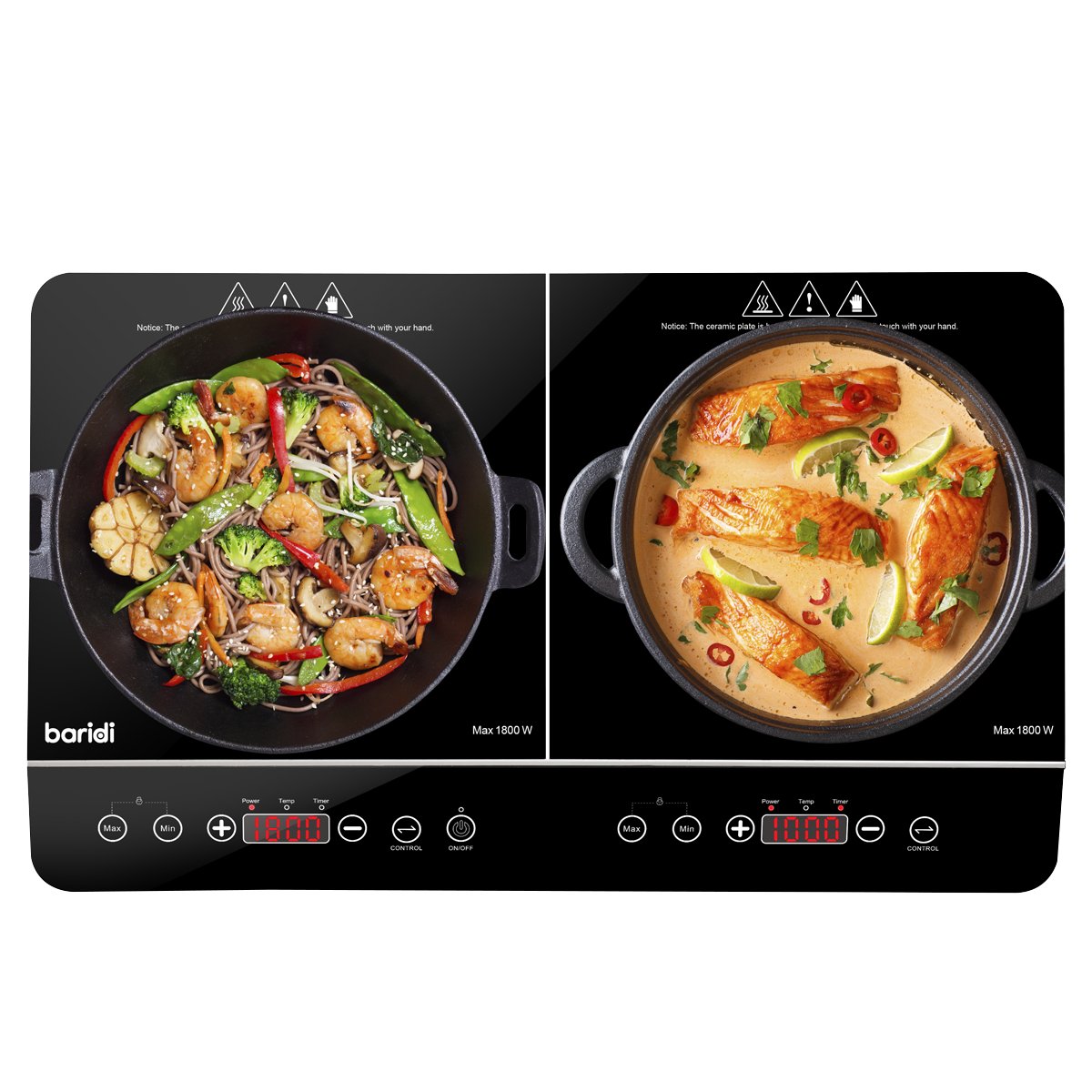 Baridi DH146 Portable Induction Hob: Two Zone Cooktop with 13A Plug 2800W 10 Power Settings Touch Controls 3 - Hour Timer Function Child Safety Lock Black - McCormickTools