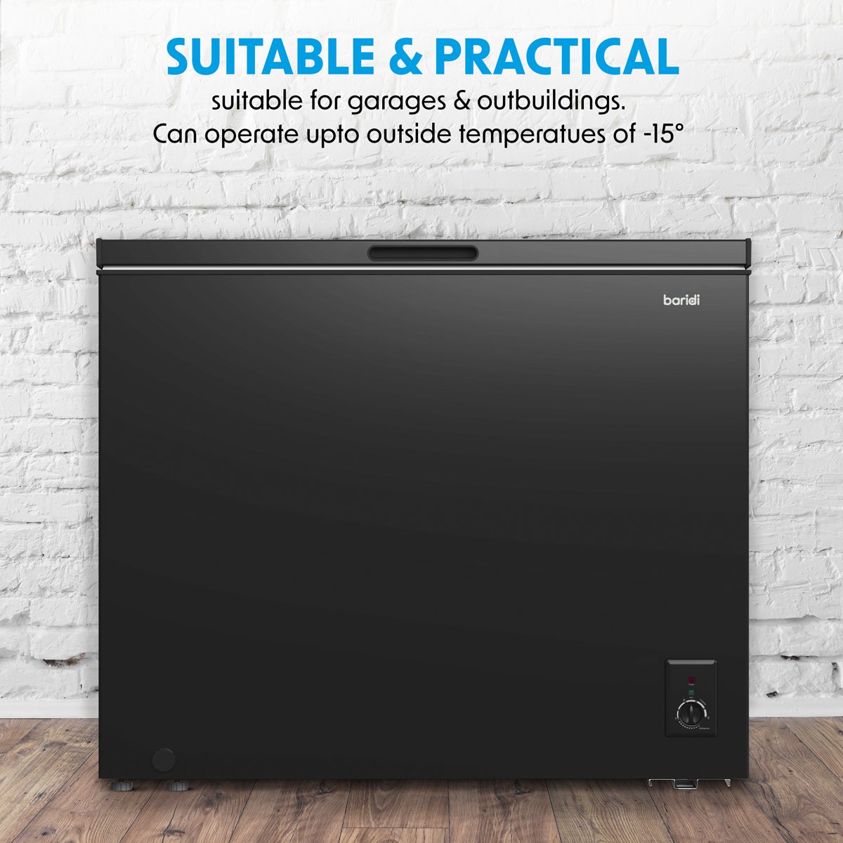 Baridi DH151 Freestanding Chest Freezer 199L Capacity Garages and Outbuilding Safe - 12 to - 24°C Adjustable Thermostat with Refrigeration Mode Black