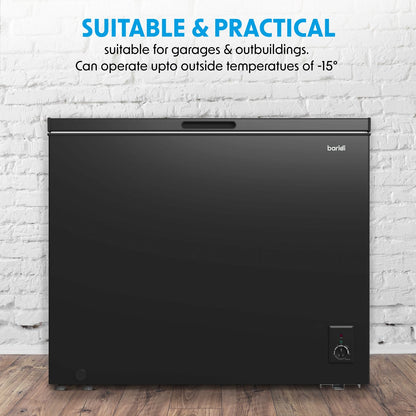 Baridi DH151 Freestanding Chest Freezer 199L Capacity Garages and Outbuilding Safe - 12 to - 24°C Adjustable Thermostat with Refrigeration Mode Black