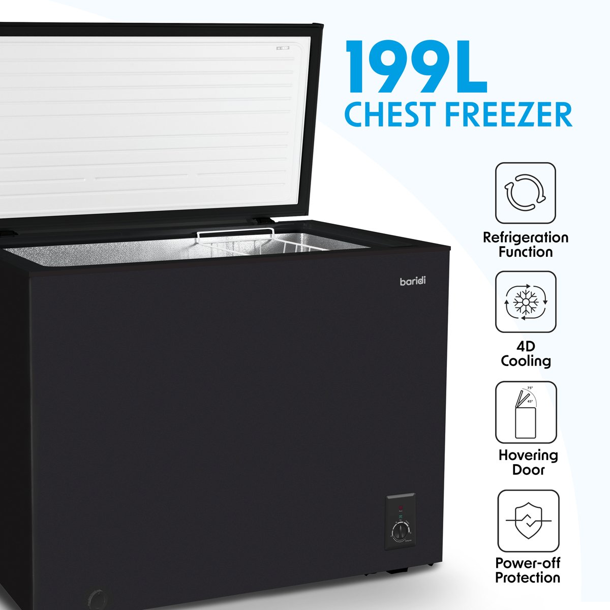 Baridi DH151 Freestanding Chest Freezer 199L Capacity Garages and Outbuilding Safe - 12 to - 24°C Adjustable Thermostat with Refrigeration Mode Black