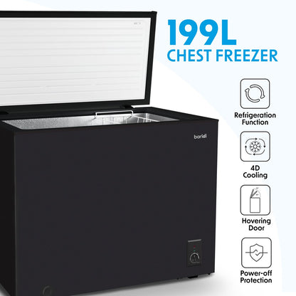 Baridi DH151 Freestanding Chest Freezer 199L Capacity Garages and Outbuilding Safe - 12 to - 24°C Adjustable Thermostat with Refrigeration Mode Black