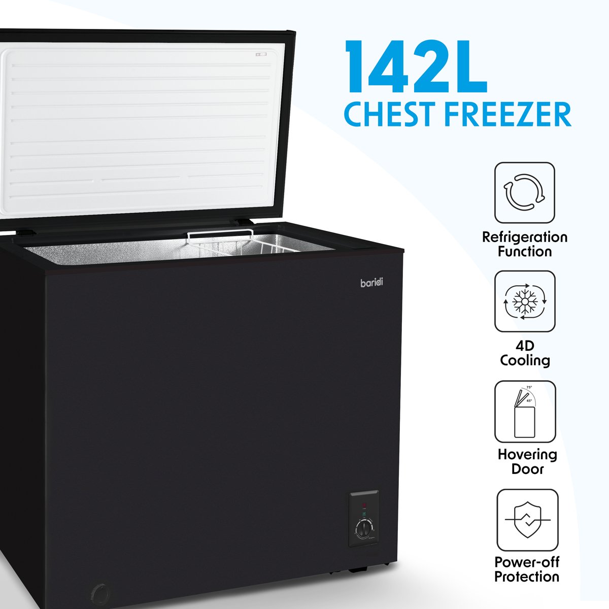 Baridi DH152 Freestanding Chest Freezer 142L Capacity Garages and Outbuilding Safe - 12 to - 24°C Adjustable Thermostat with Refrigeration Mode Black - McCormickTools