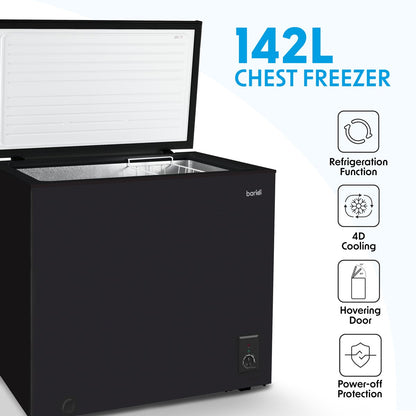 Baridi DH152 Freestanding Chest Freezer 142L Capacity Garages and Outbuilding Safe - 12 to - 24°C Adjustable Thermostat with Refrigeration Mode Black - McCormickTools