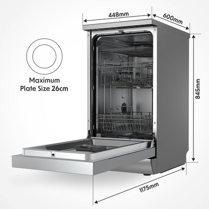 Baridi DH166 Slimline Freestanding Dishwasher 45cm Wide with 10 Place Settings 8 Programs & 5 Functions LED Display Silver - McCormickTools