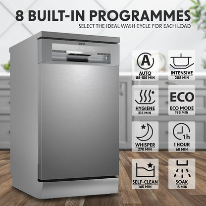 Baridi DH166 Slimline Freestanding Dishwasher 45cm Wide with 10 Place Settings 8 Programs & 5 Functions LED Display Silver - McCormickTools