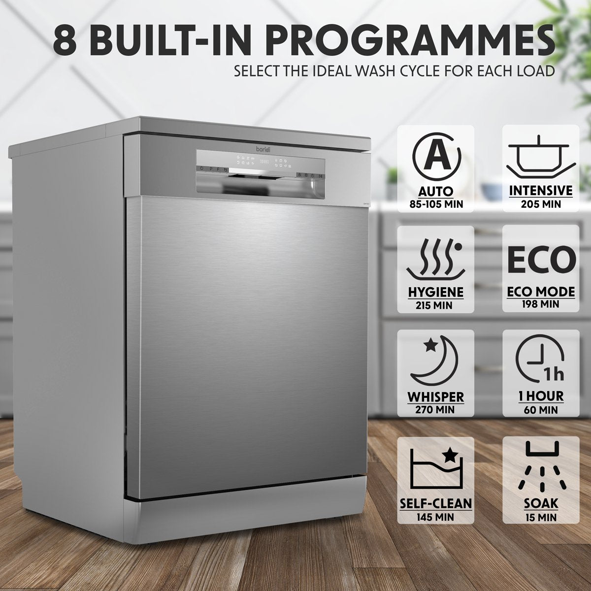 Baridi DH167 Freestanding Dishwasher Full Size Standard 60cm Wide with 14 Place Settings 8 Programs & 5 Functions LED Display Silver - McCormickTools