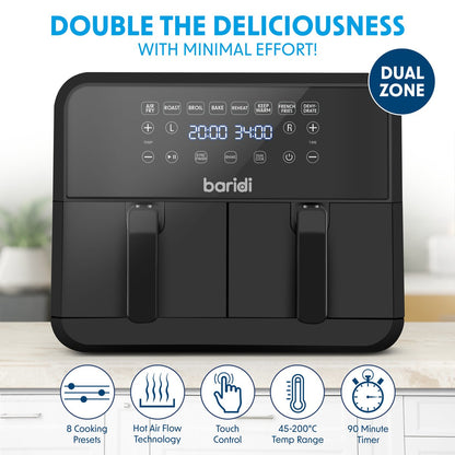 Baridi DH172 Dual Zone Air Fryer 8L with 8 - in - 1 Functions Touch Controls Easy - Clean Black - DH172 - McCormickTools