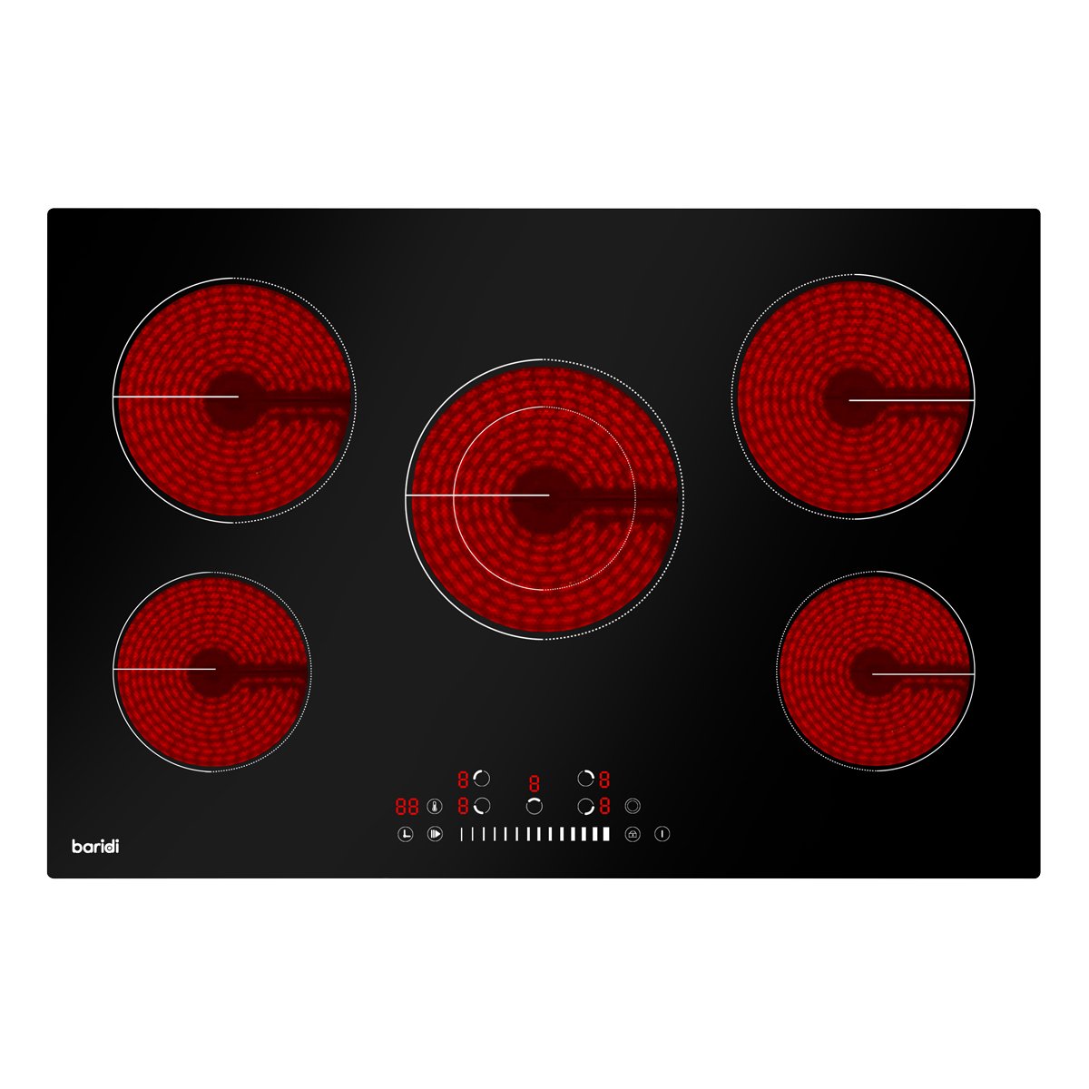 Baridi DH175 77cm Built - In Ceramic Hob with 5 Cooking Zones Black Glass 8200W with Slider Touch Controls Timer - McCormickTools