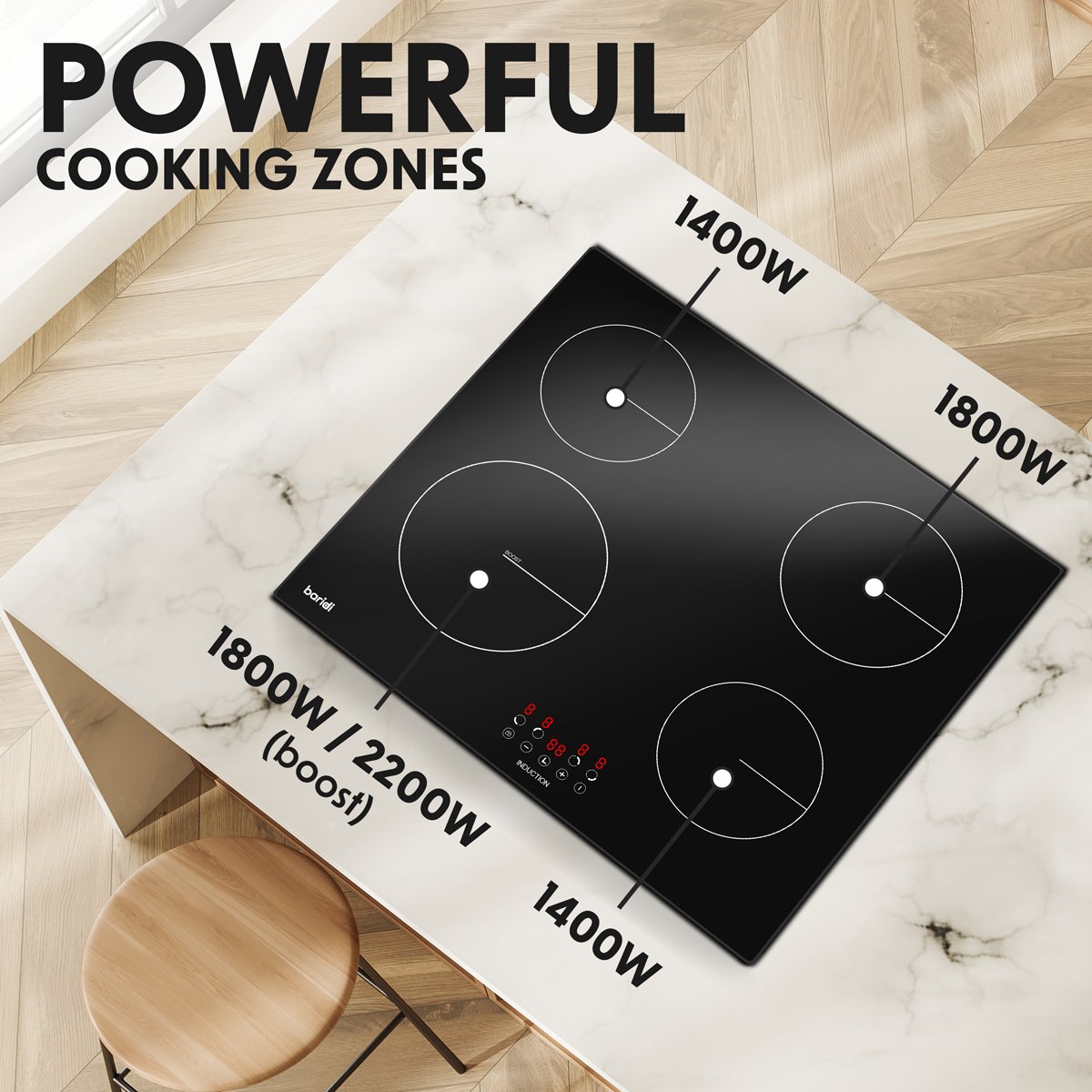 Baridi DH176 60cm Built - In Induction Hob with 4 Cooking Zones Black Glass 6800W with 9 Power Settings Touch Controls & Timer Hardwired - McCormickTools