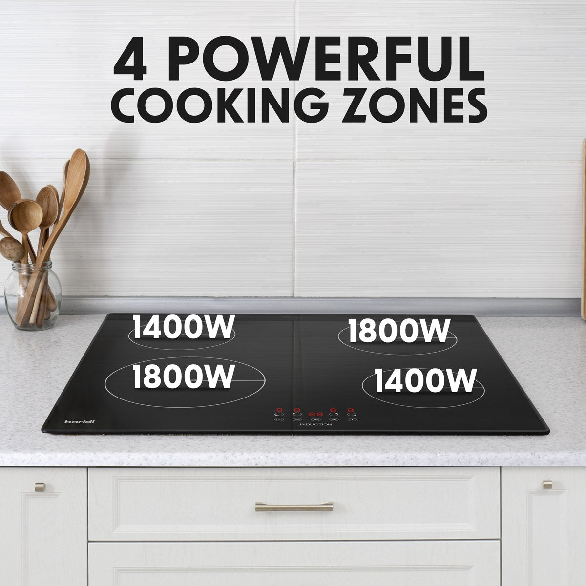 Baridi DH176 60cm Built - In Induction Hob with 4 Cooking Zones Black Glass 6800W with 9 Power Settings Touch Controls & Timer Hardwired - McCormickTools