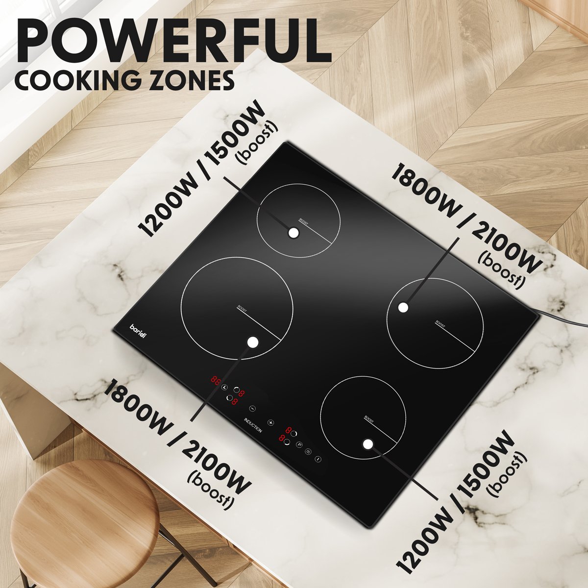 Baridi DH177 60cm Built - In Induction Hob with 4 Cooking Zones 2800W Boost Function 9 Power Levels Touch Control Timer supplied with 13A Plug - McCormickTools