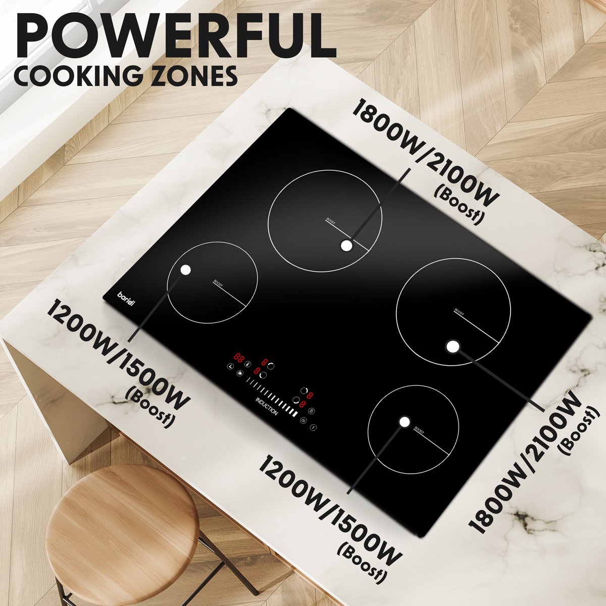 Baridi DH179 77cm Built - In Induction Hob with 4 Cooking Zones 7200W Boost Function 9 Power Levels Touch Control & Timer Hardwired - McCormickTools