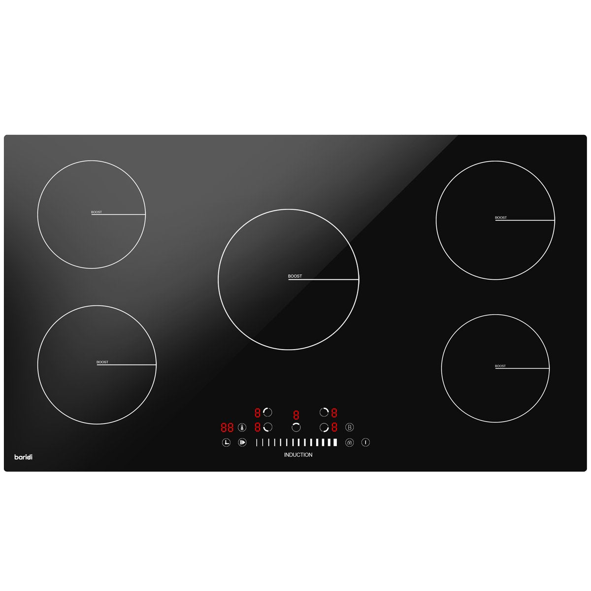 Baridi DH180 90cm Built - In Induction Hob with 5 Cooking Zones 9300W Boost Function 9 Power Levels Slider Touch Control Hardwired - McCormickTools