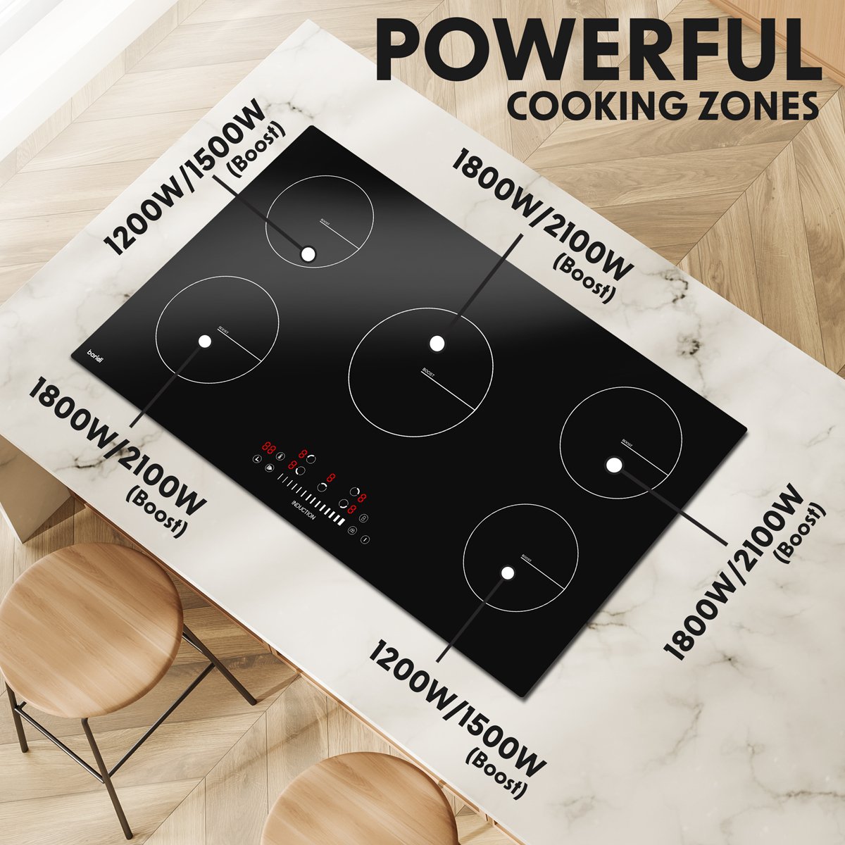 Baridi DH180 90cm Built - In Induction Hob with 5 Cooking Zones 9300W Boost Function 9 Power Levels Slider Touch Control Hardwired - McCormickTools