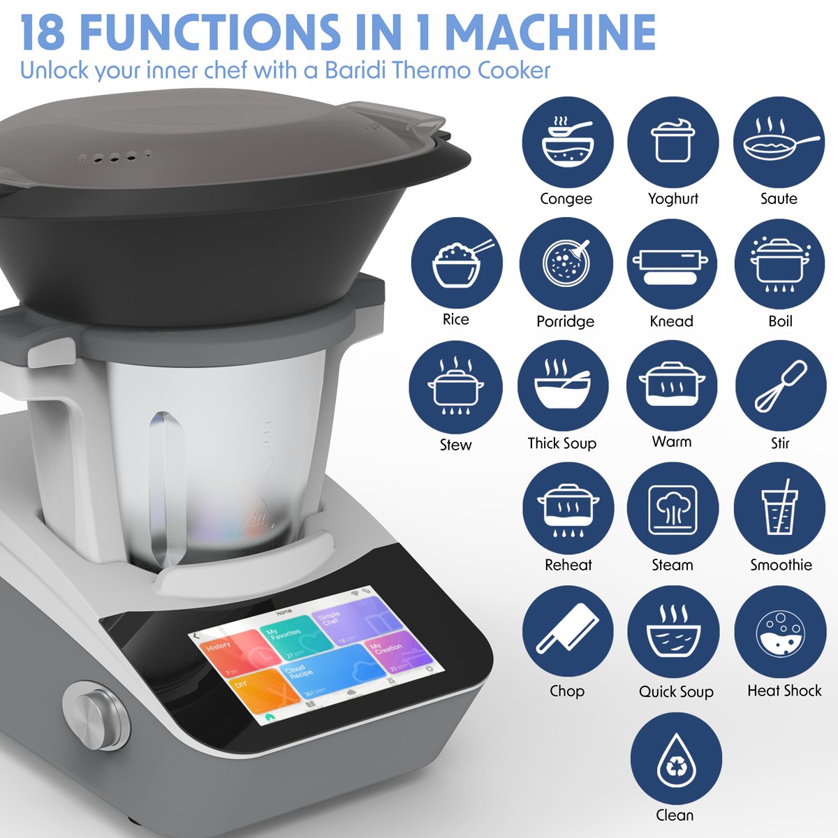 Baridi DH189 Smart Kitchen Robot Thermo - Cooker 18 Preset Functions 7” TFT Touchscreen - McCormickTools