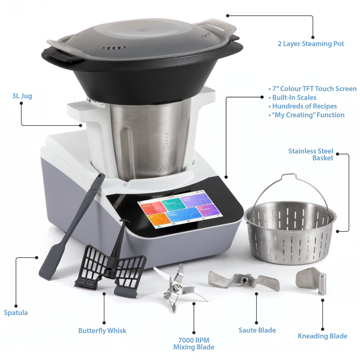 Baridi DH189 Smart Kitchen Robot Thermo - Cooker 18 Preset Functions 7” TFT Touchscreen - McCormickTools