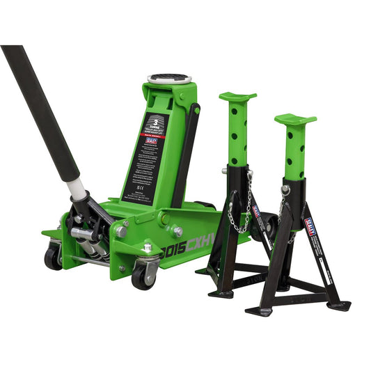 Sealey 3015CXHV Trolley Jack with Super Rocket Lift 3 Tonne & Axle Stands (Pair) 3 Tonne Capacity per Stand - Green