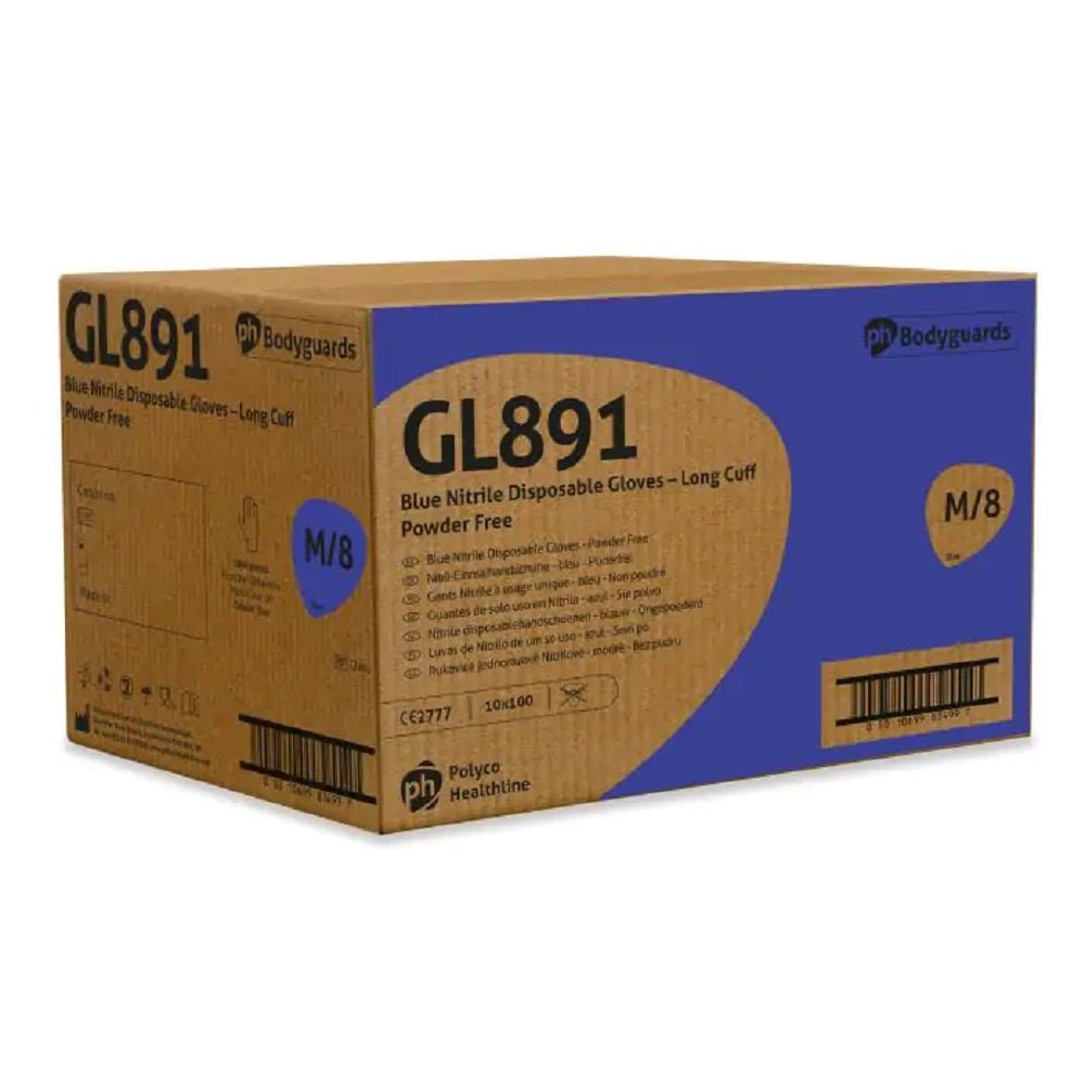 Bodyguards GL891 Blue Nitrile Powder Free Disposable Gloves Long Cuff - McCormickTools