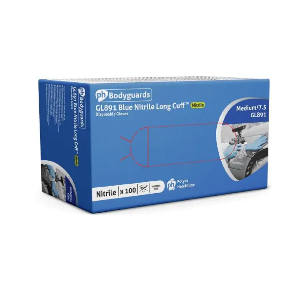 Bodyguards GL891 Blue Nitrile Powder Free Disposable Gloves Long Cuff - McCormickTools